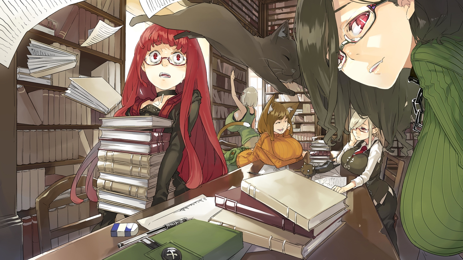 animal, animal_ears, blonde_hair, book, breasts, brown_hair, cat, choker, fang, glasses, muneneko, original, paper, red_eyes, red_hair