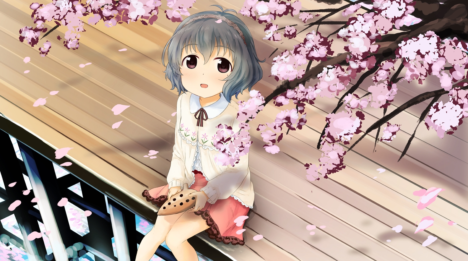 abe_kanari, black_eyes, cherry_blossoms, flowers, flute, gray_hair, headband, idolmaster