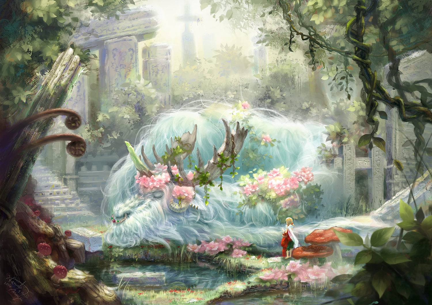 animal, flowers, forest, horns, miyai_haruki, original, ruins, signed, stairs, tree, water
