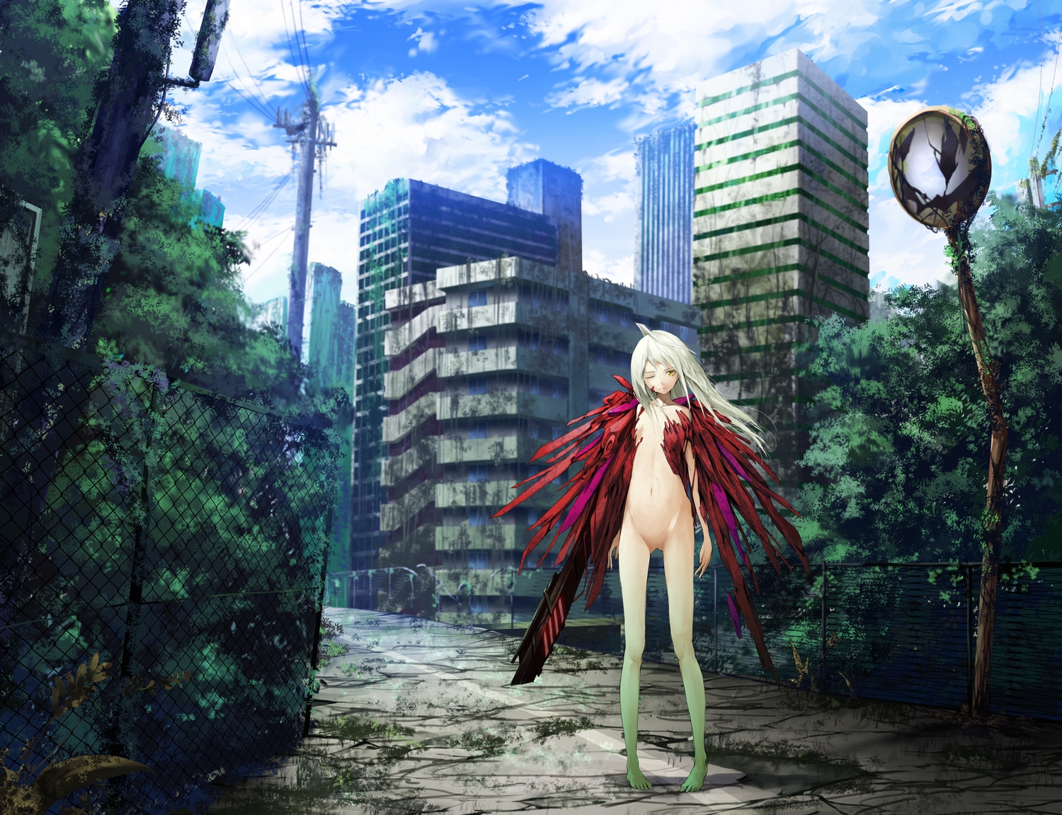 barefoot, building, city, clouds, long_hair, navel, nude, original, ruins, sky, tree, tyappygain, white_hair, wink