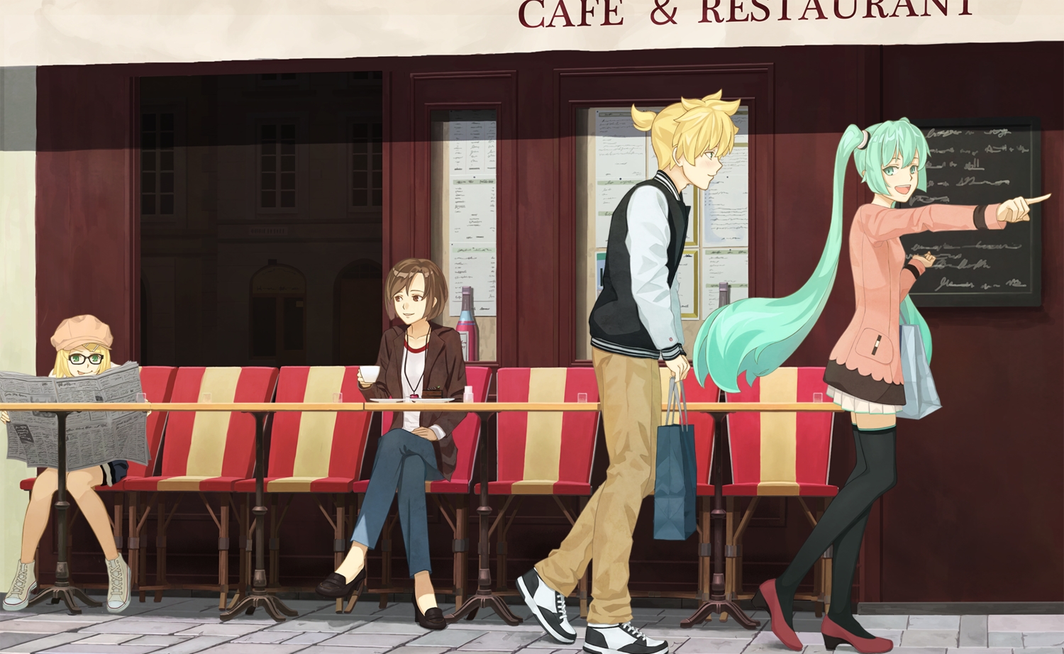 aqua_eyes, aqua_hair, blonde_hair, blue_eyes, blue_hair, brown_eyes, brown_hair, drink, glasses, group, hat, hatsune_miku, kagamine_len, kagamine_rin, long_hair, male, meiko, paper, short_hair, thighhighs, turu, twintails, vocaloid