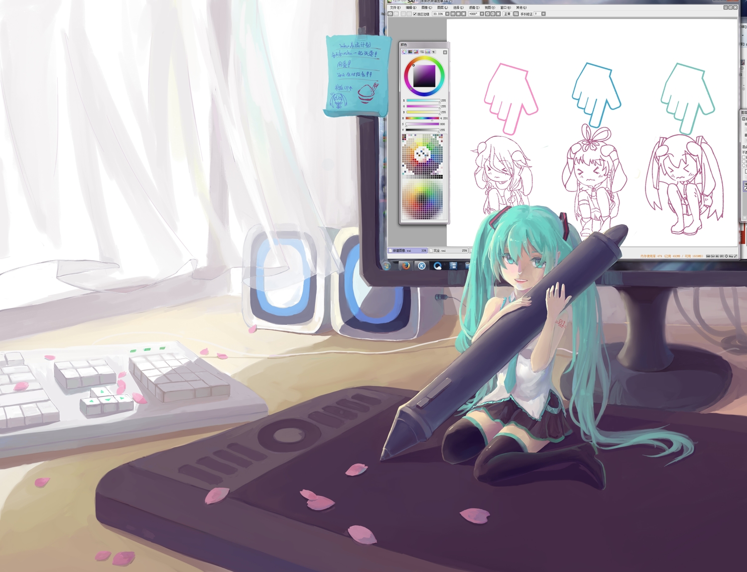 aqua_eyes, aqua_hair, computer, hatsune_miku, ia, long_hair, luo_tianyi, painttool_sai