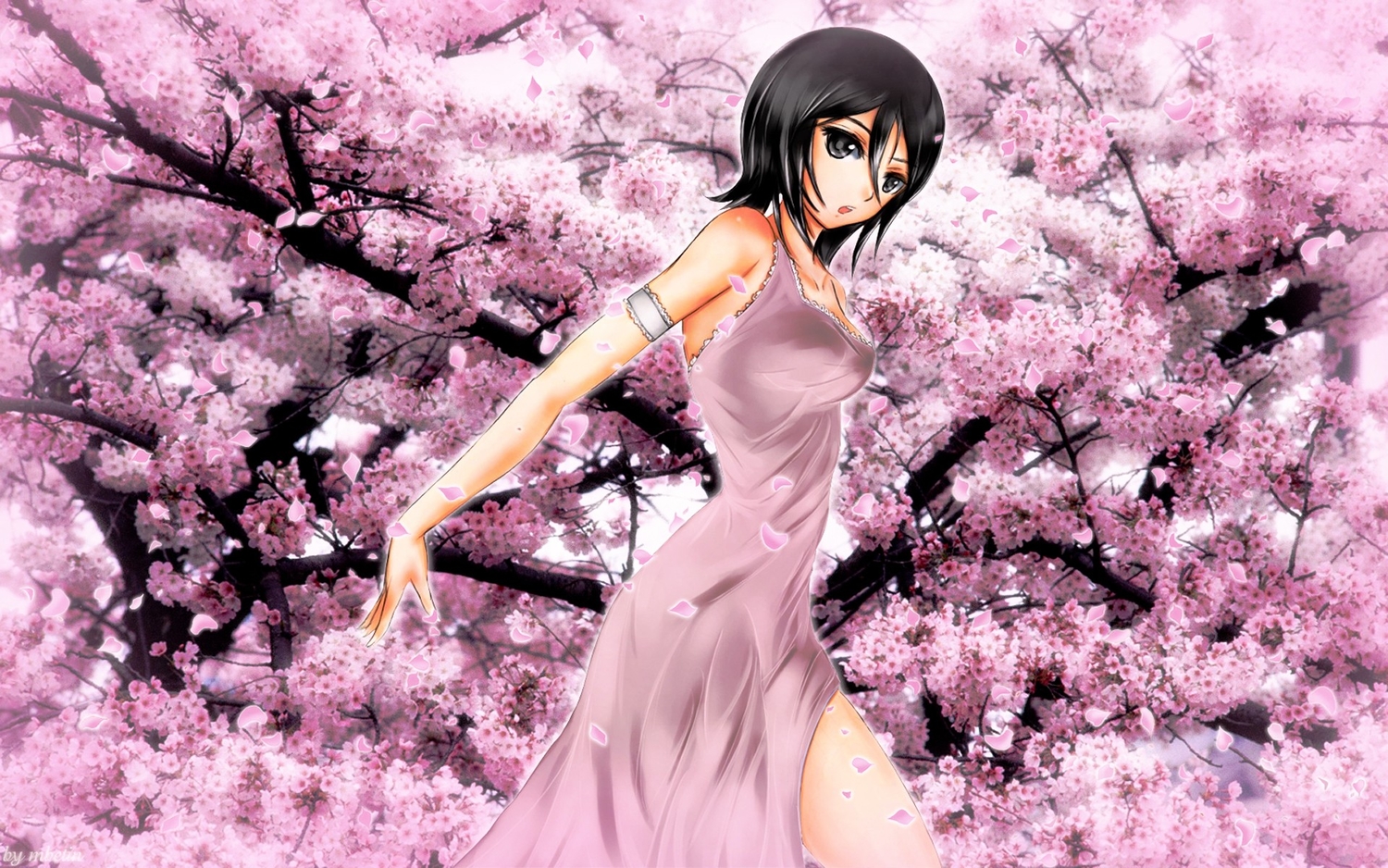 black_eyes, black_hair, bleach, cherry_blossoms, dress, flowers, kuchiki_rukia, short_hair
