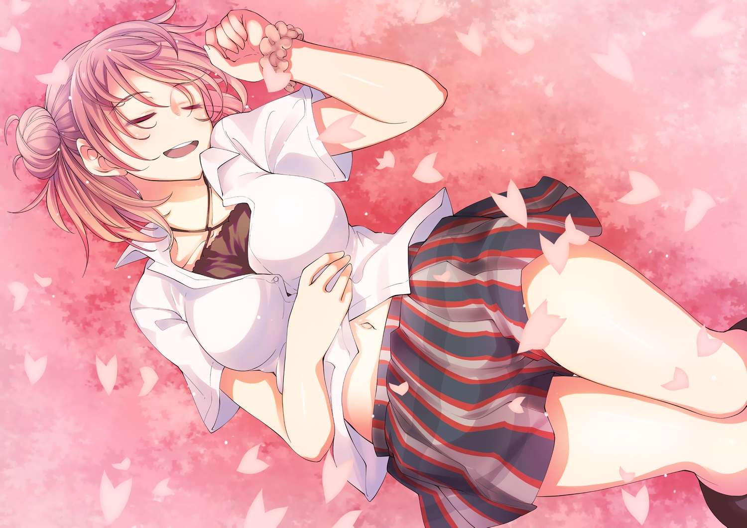 akino_sora, navel, petals, pink, school_uniform, short_hair, skirt, sleeping, wristwear, yahari_ore_no_seishun_love_come_wa_machigatteiru., yuigahama_yui