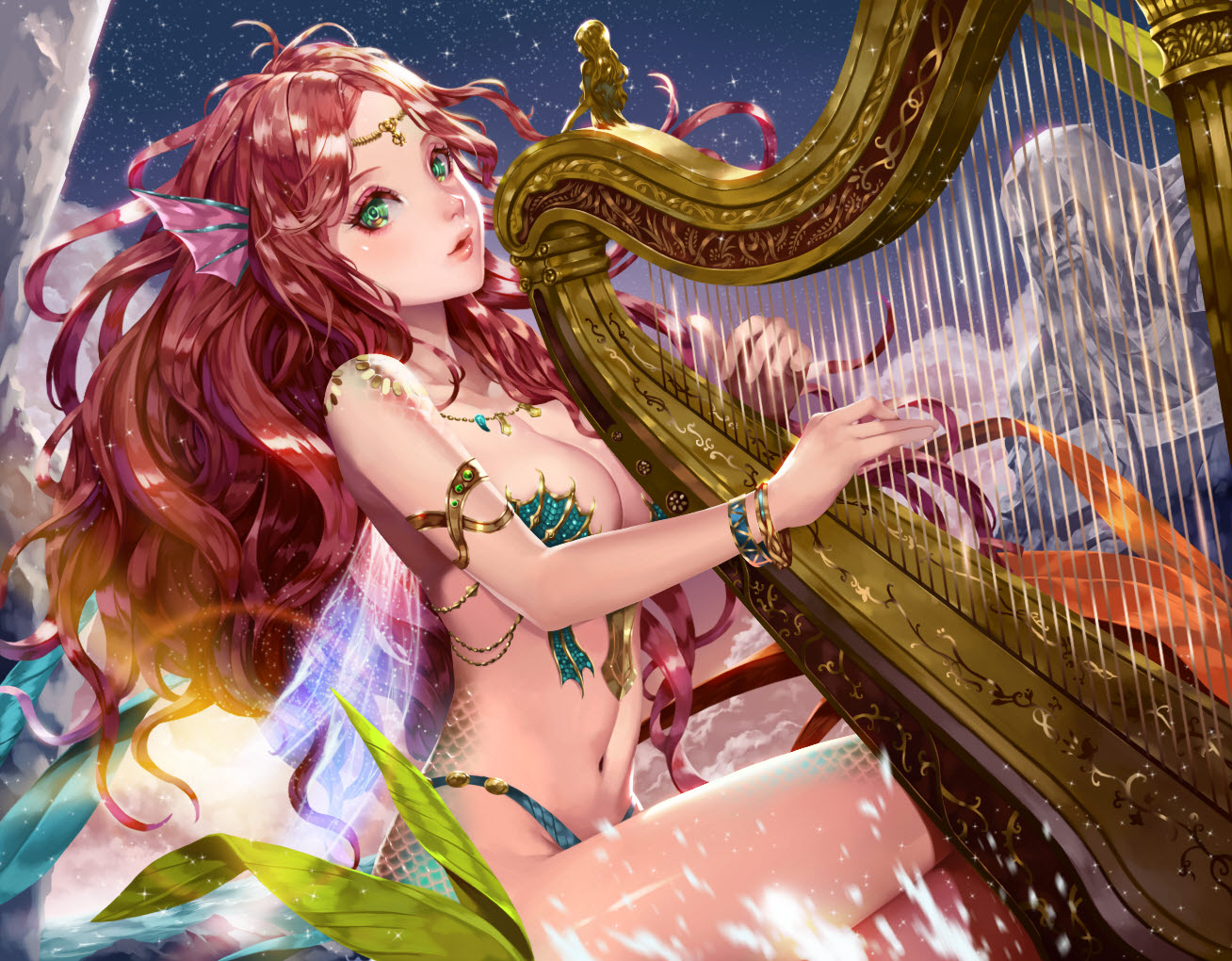 breasts, cleavage, coffee_dog, green_eyes, instrument, jpeg_artifacts, leaves, long_hair, navel, necklace, original, red_hair, wings, wristwear