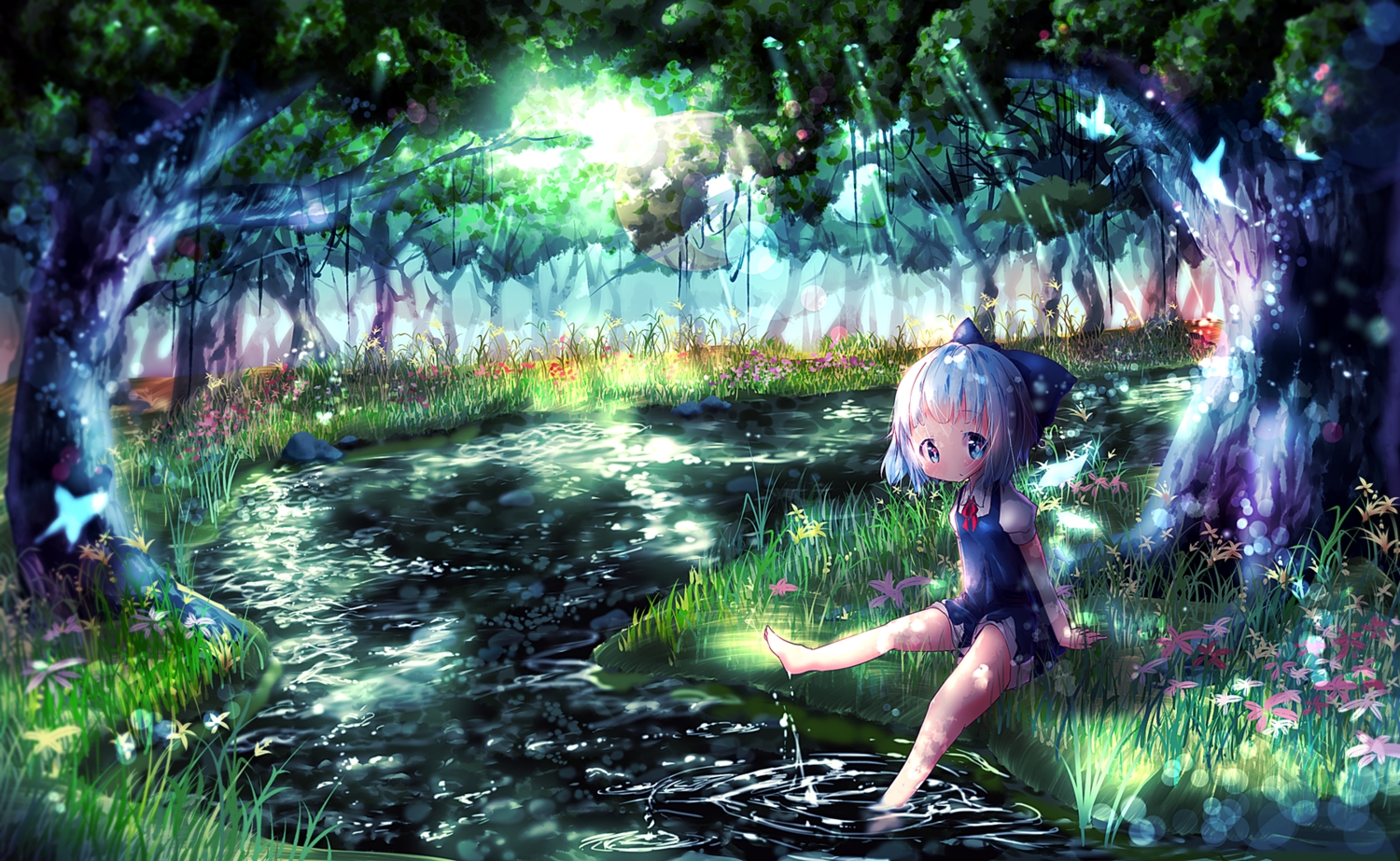 akisha, barefoot, blue_eyes, blue_hair, cirno, fairy, grass, loli