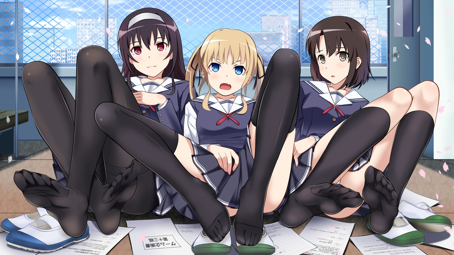 black_hair, blonde_hair, blue_eyes, edogawakid, gray_eyes, headband, kasumigaoka_utaha, katou_megumi, kneehighs, long_hair, pantyhose, paper, purple_eyes, saenai_heroine_no_sodatekata, sawamura_spencer_eriri, school_uniform, short_hair, skirt, thighhighs, twintails