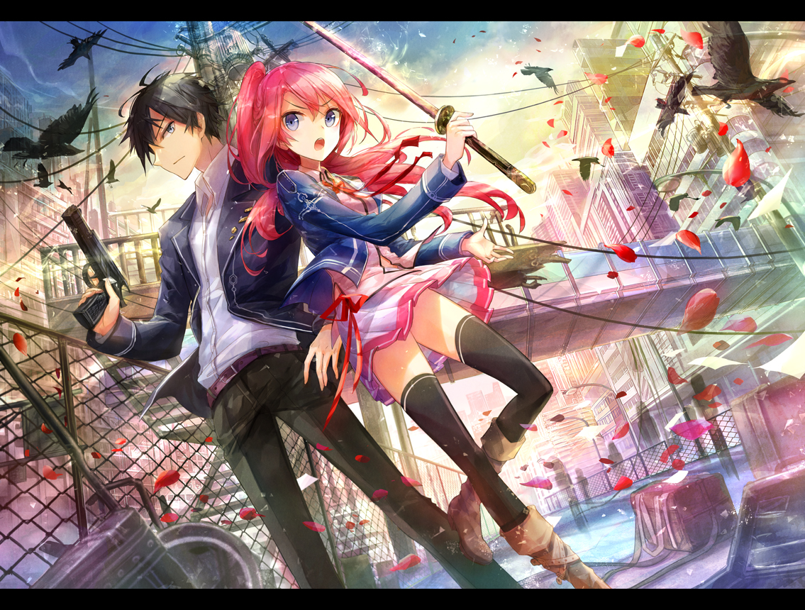 animal, bird, black_hair, blue_eyes, building, fuumi_(radial_engine), gun, long_hair