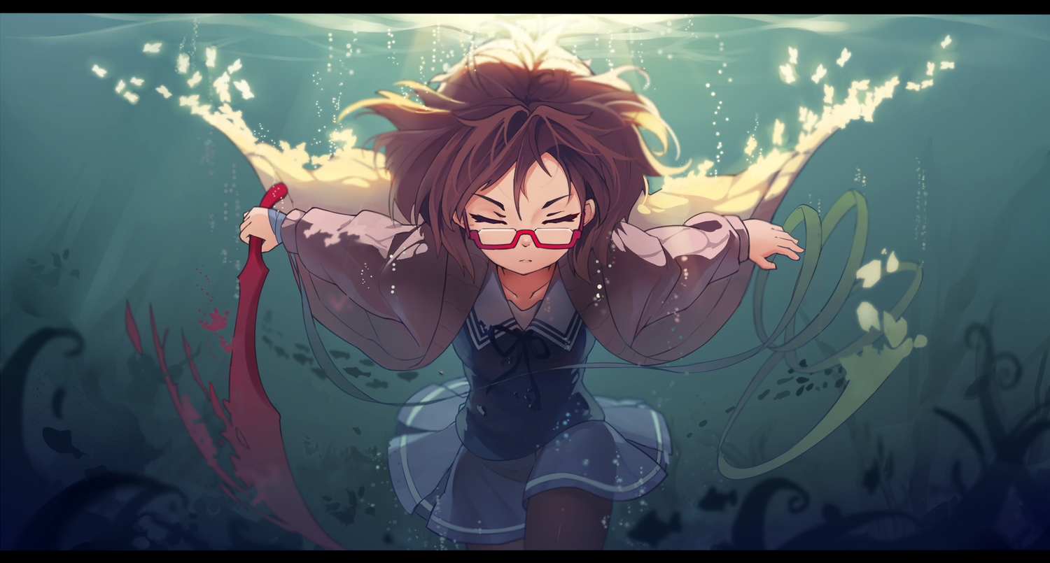 brown_hair, glasses, haraguroi_you, kuriyama_mirai, kyoukai_no_kanata, pantyhose, school_uniform, short_hair