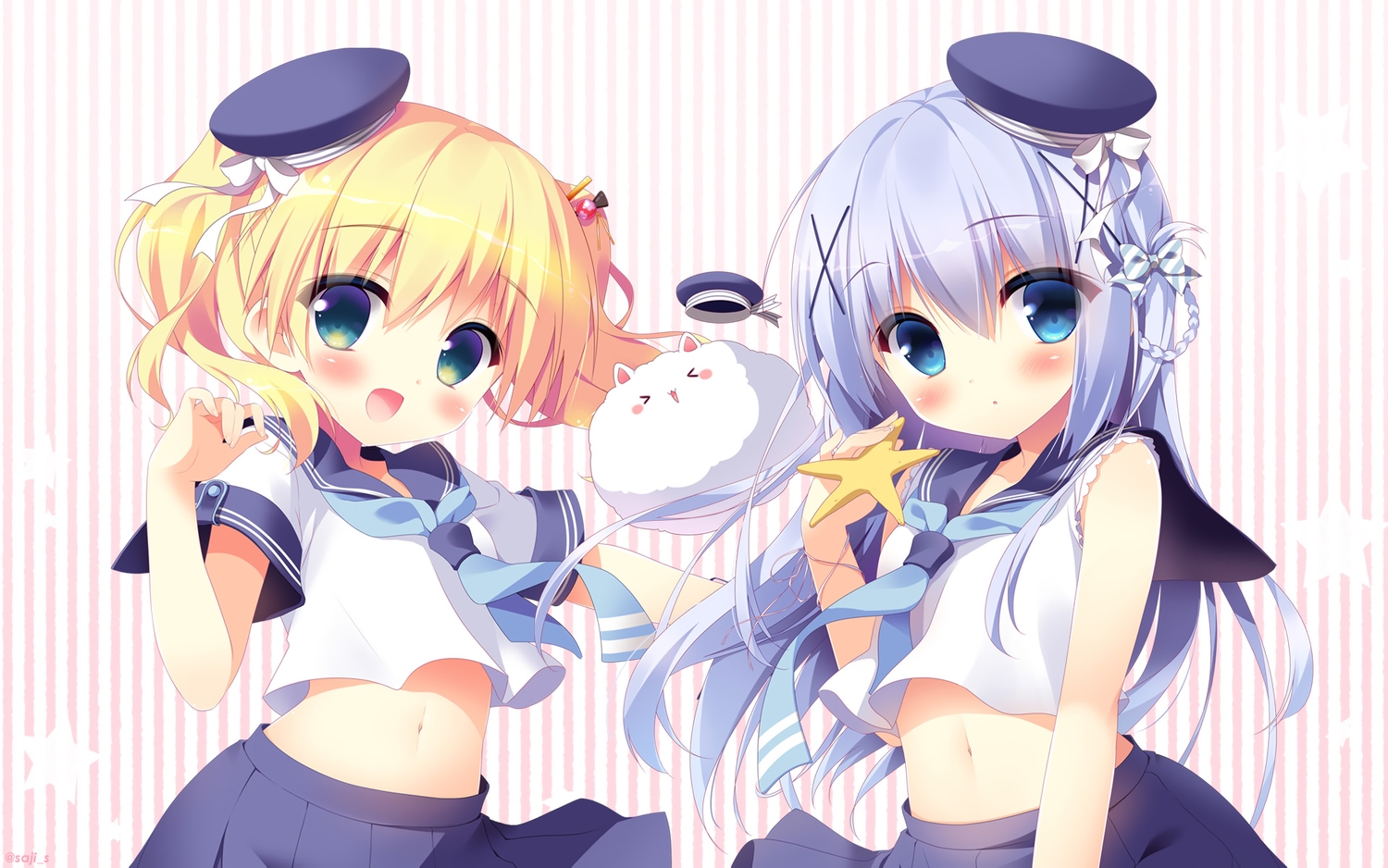 alice_cartelet, crossover, gochuumon_wa_usagi_desu_ka?, kafuu_chino, kiniro_mosaic, sasai_saji, school_uniform, tippy_(gochiusa)