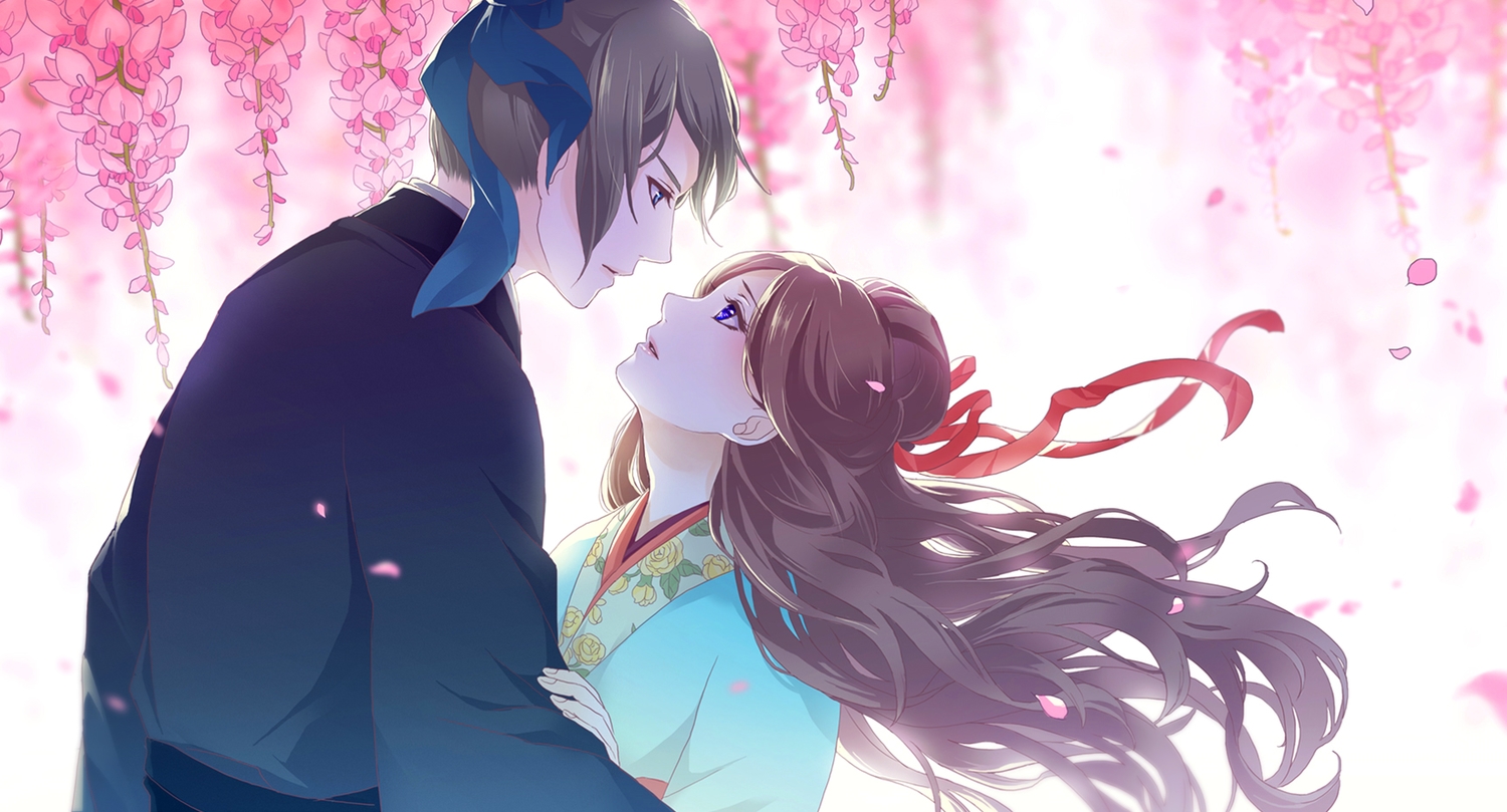 blue_eyes, brown_hair, long_hair, male, orange005, original, petals, short_hair