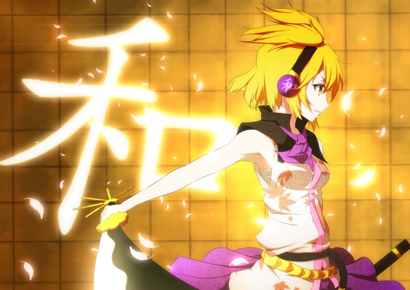 aono_meri, blonde_hair, earmuffs, short_hair, skirt, sword, touhou, toyosatomimi_no_miko