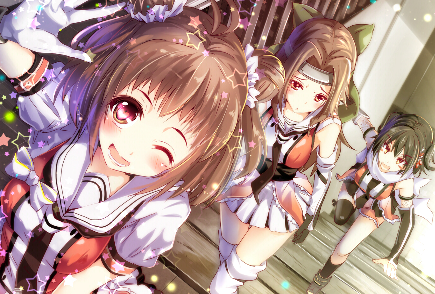 anthropomorphism, blush, brown_hair, gloves, headband, jintsuu_(kancolle), kantai_collection, naka_(kancolle)