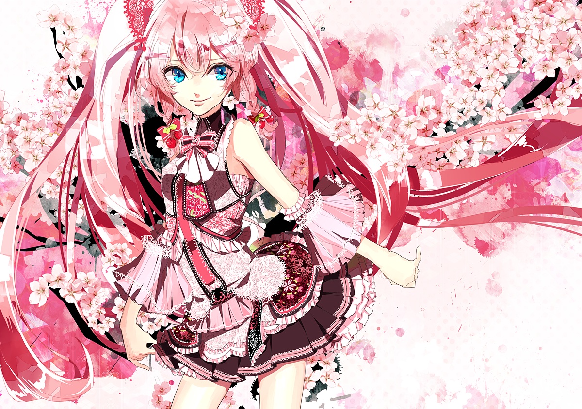 alyssa718, aqua_eyes, flowers, hatsune_miku, long_hair, pink_hair, sakura_miku, skirt, vocaloid