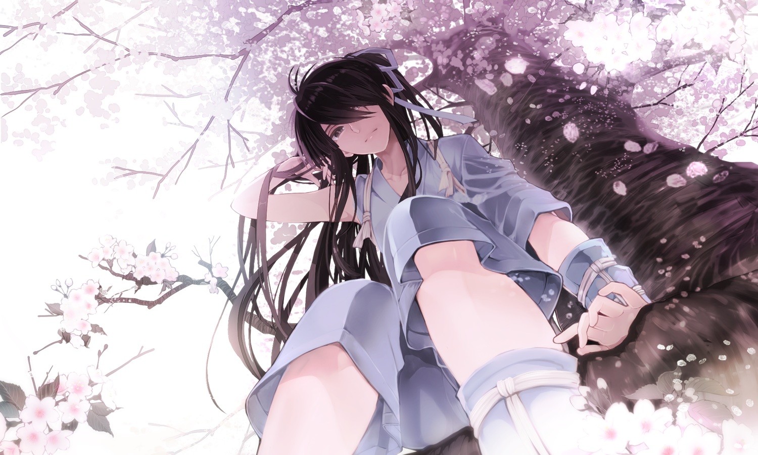 black_hair, brown_eyes, cherry_blossoms, flowers, fujiwara_riyu, long_hair, petals, ribbons