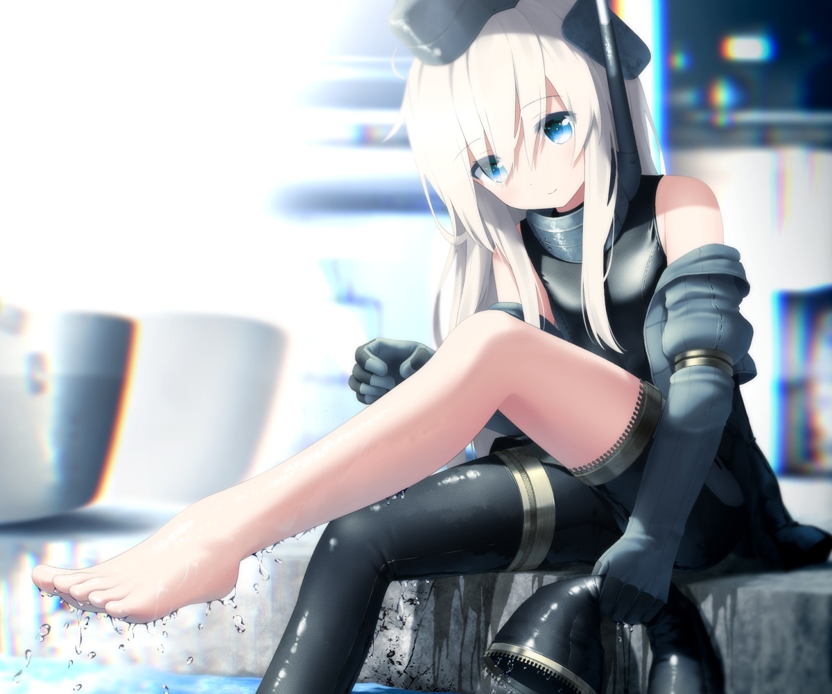 anthropomorphism, aqua_eyes, barefoot, haribote_(tarao), hat, kantai_collection, long_hair, ro-500_(kancolle), u-511_(kancolle), uniform, wet, white_hair
