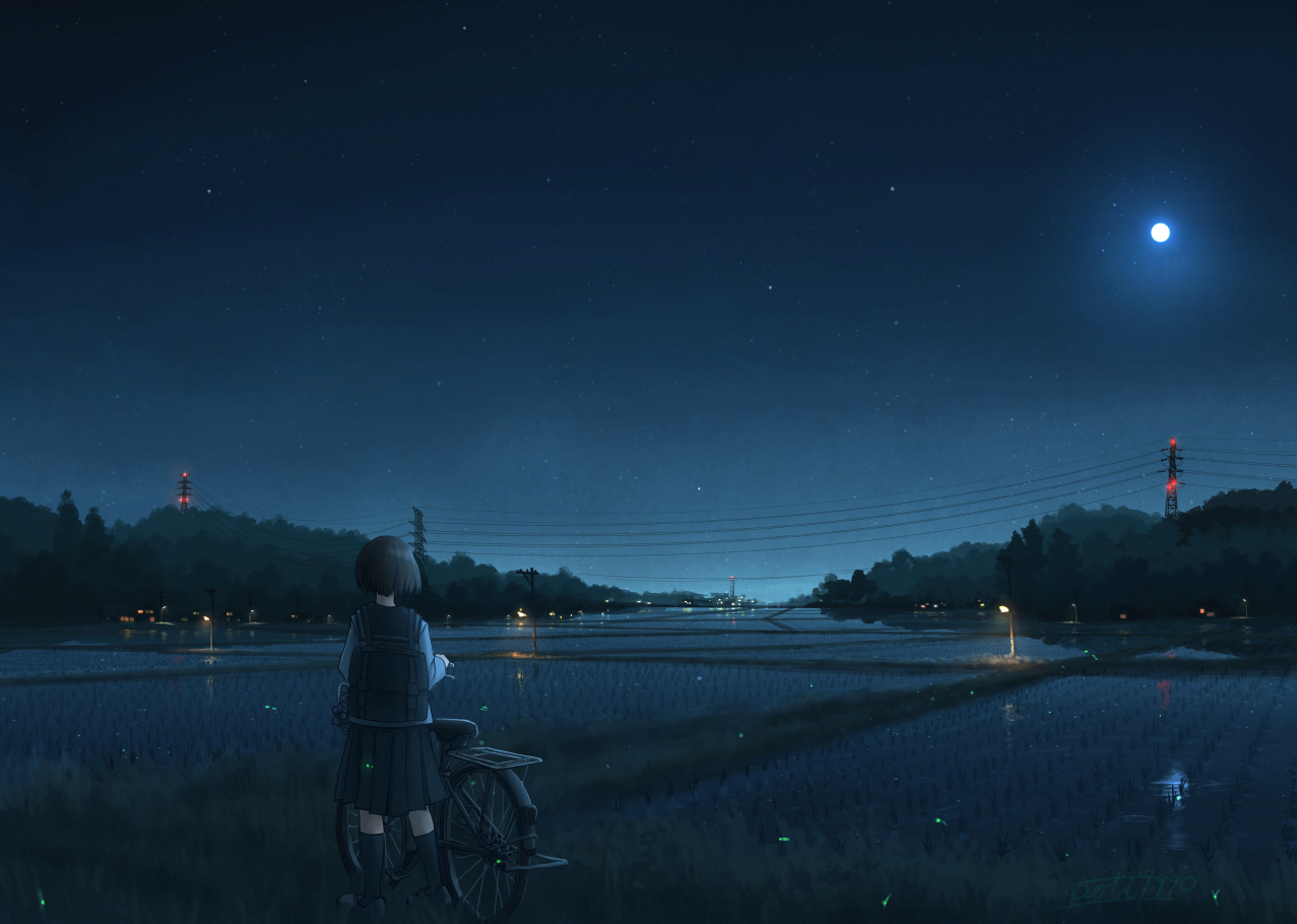 bicycle, landscape, moon, night, original, pochi_(poti1990), scenic, school_uniform, short_hair, skirt, sky, stars