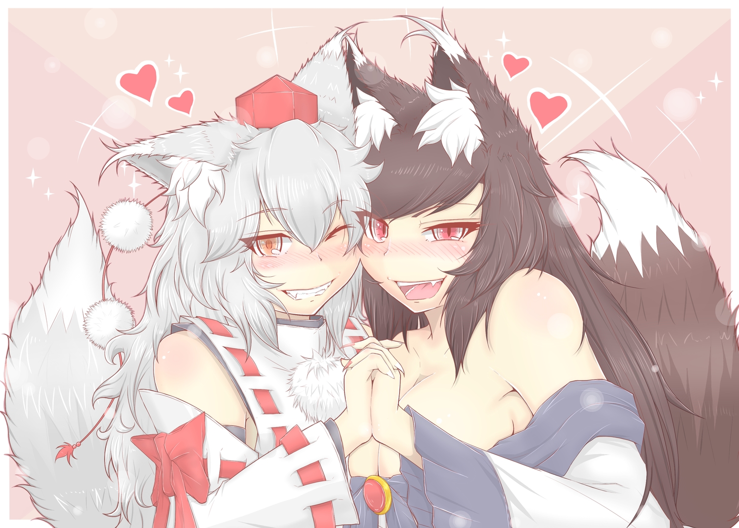 animal_ears, blush, breasts, brown_hair, cleavage, cube85, fang, hat, heart, imaizumi_kagerou, inubashiri_momiji, long_hair, orange_eyes, red_eyes, shoujo_ai, tail, touhou, white_hair, wink, wolfgirl