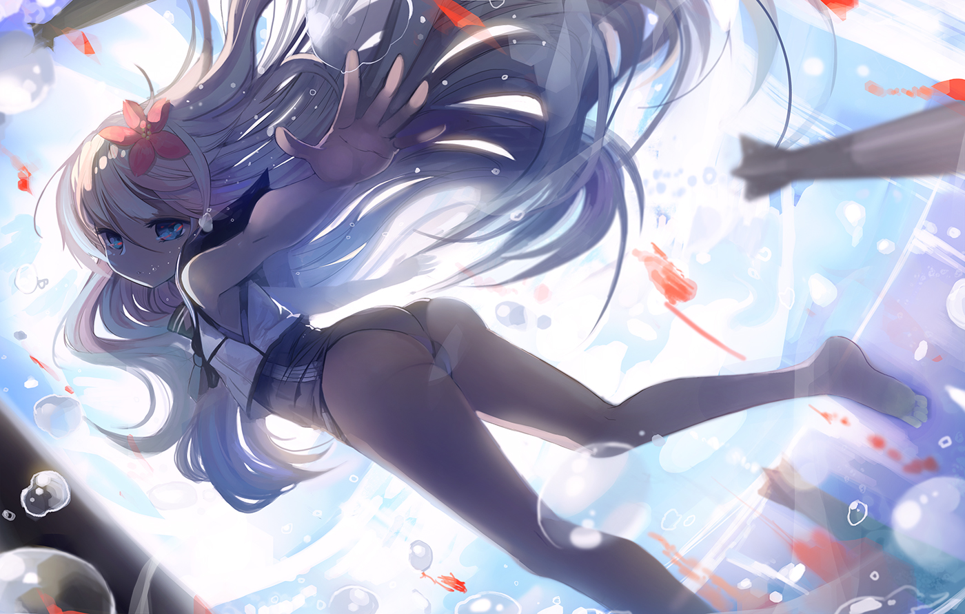 anthropomorphism, ass, barefoot, blue_eyes, bubbles, fuyouchu, kantai_collection, long_hair, ro-500_(kancolle), school_swimsuit, swimsuit, underwater, water