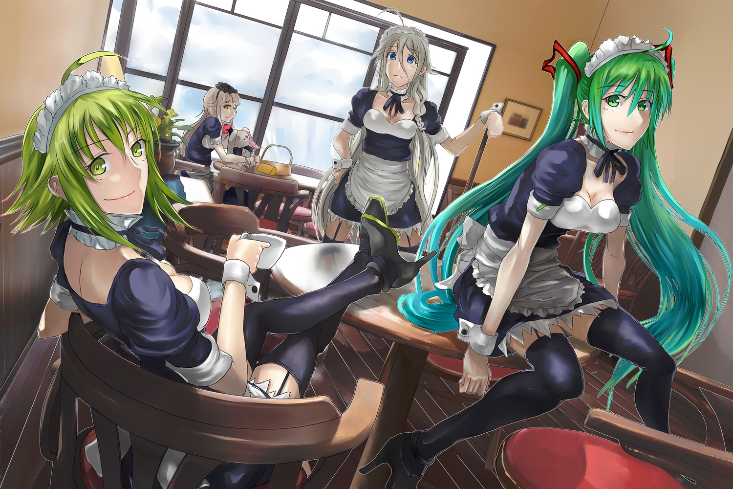 apron, blue_eyes, breasts, cleavage, collar, garter_belt, gray_hair, green_eyes, green_hair, gumi, hatsune_miku, ia, maid, mayu_(vocaloid), teddy_bear, thighhighs, vocaloid, wristwear, yuki_tarou