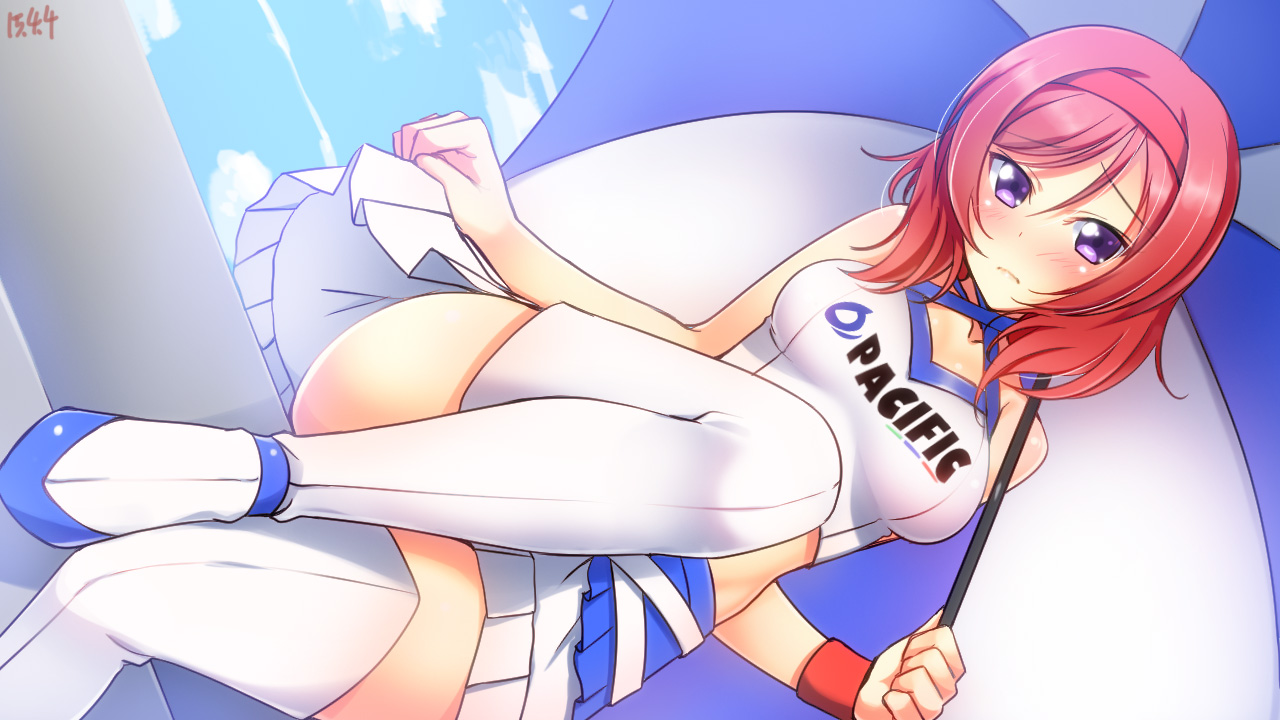 blush, boots, breasts, headband, jpeg_artifacts, love_live!_school_idol_project, nishikino_maki, purple_eyes, red_hair, short_hair, skintight, skirt, umbrella, wristwear, yu-ta