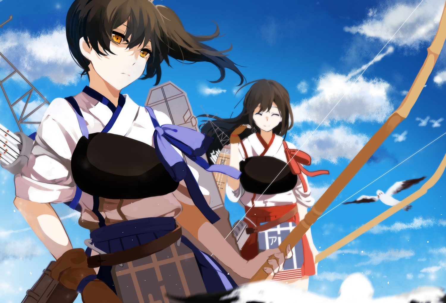 2girls, akagi_(kancolle), anthropomorphism, bow_(weapon), brown_hair, gloves, japanese_clothes, kaga_(kancolle), kantai_collection, long_hair, ponytail, weapon, yellow_eyes, zgxuke