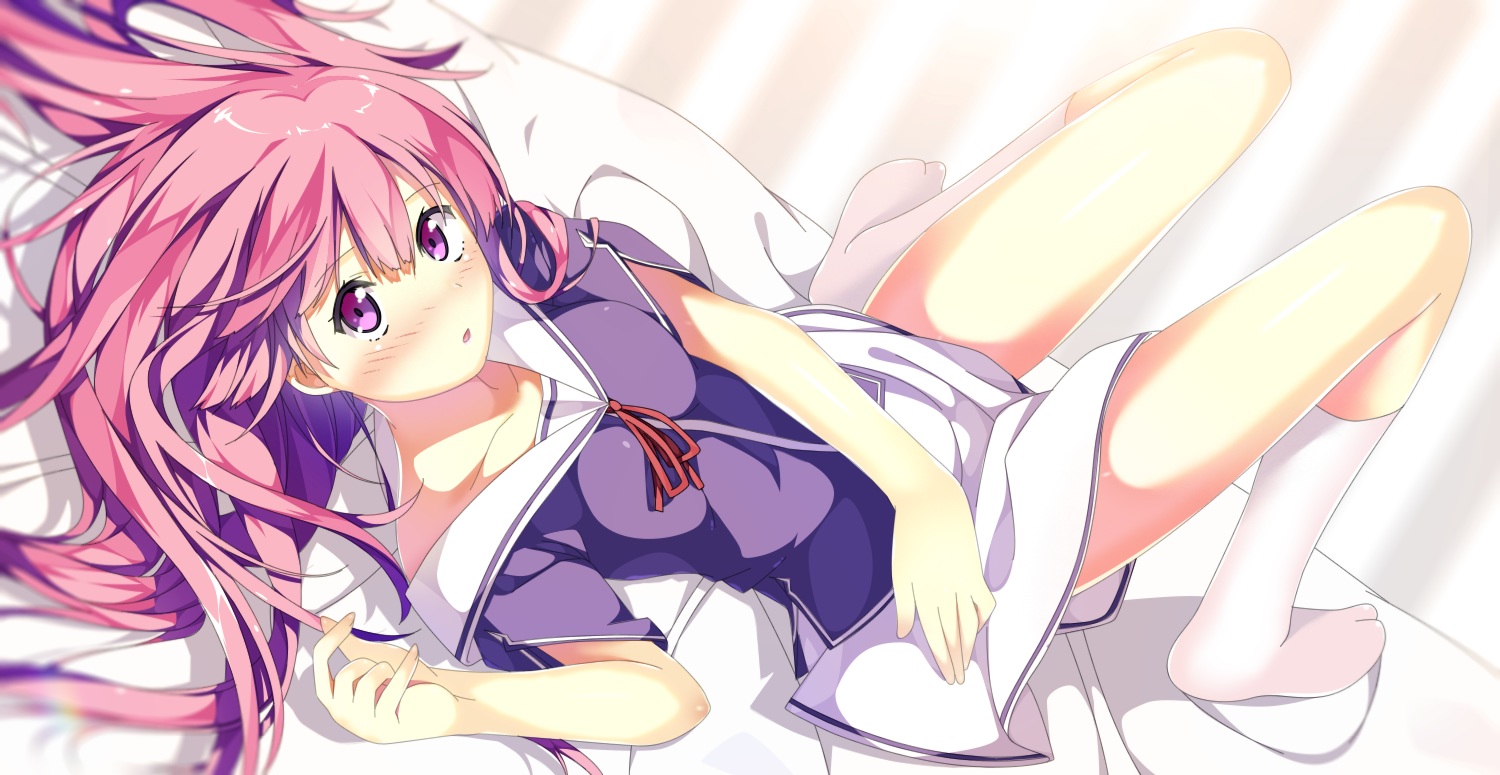 bed, blush, fuyuumi_ai, long_hair, ore_no_kanojo_to_osananajimi_ga_shuraba_sugiru, pink_hair, purple_eyes, ruroo, stockings