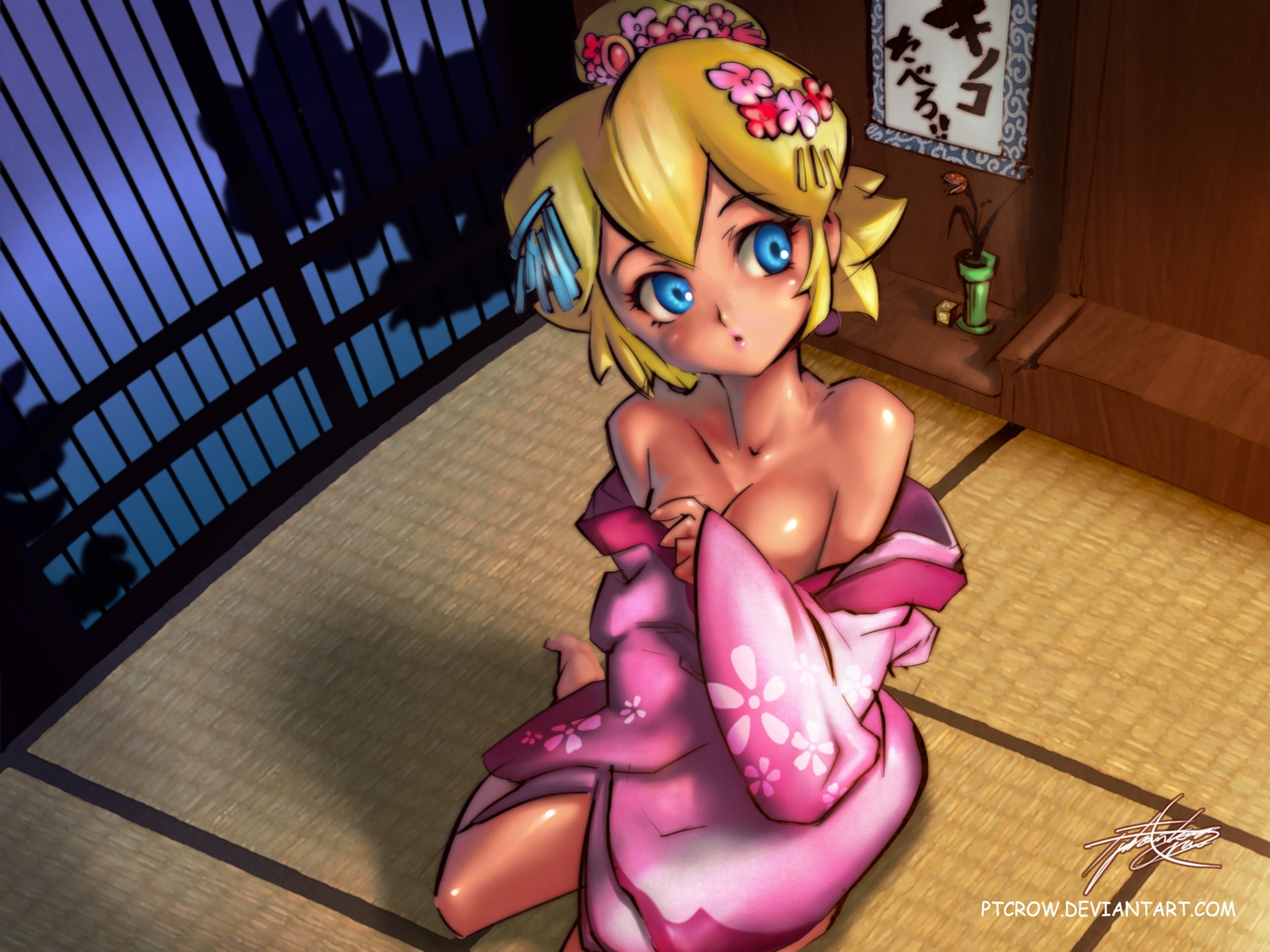 barefoot, blonde_hair, blue_eyes, blush, bowser, breast_hold, breasts, cleavage