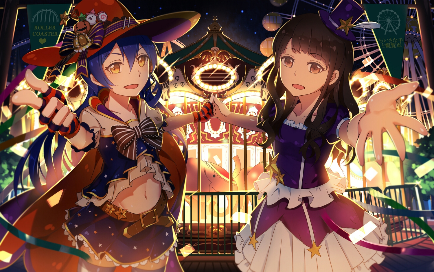 2girls, blue_hair, bow, brown_hair, gloves, halloween, hat, love_live!_school_idol_project, lu'', mimori_suzuko, navel, ribbons, skirt, sonoda_umi, witch_hat