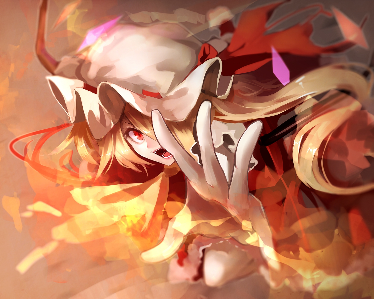 blonde_hair, fami_(yellow_skies), fang, flandre_scarlet, hat, long_hair, red_eyes, touhou