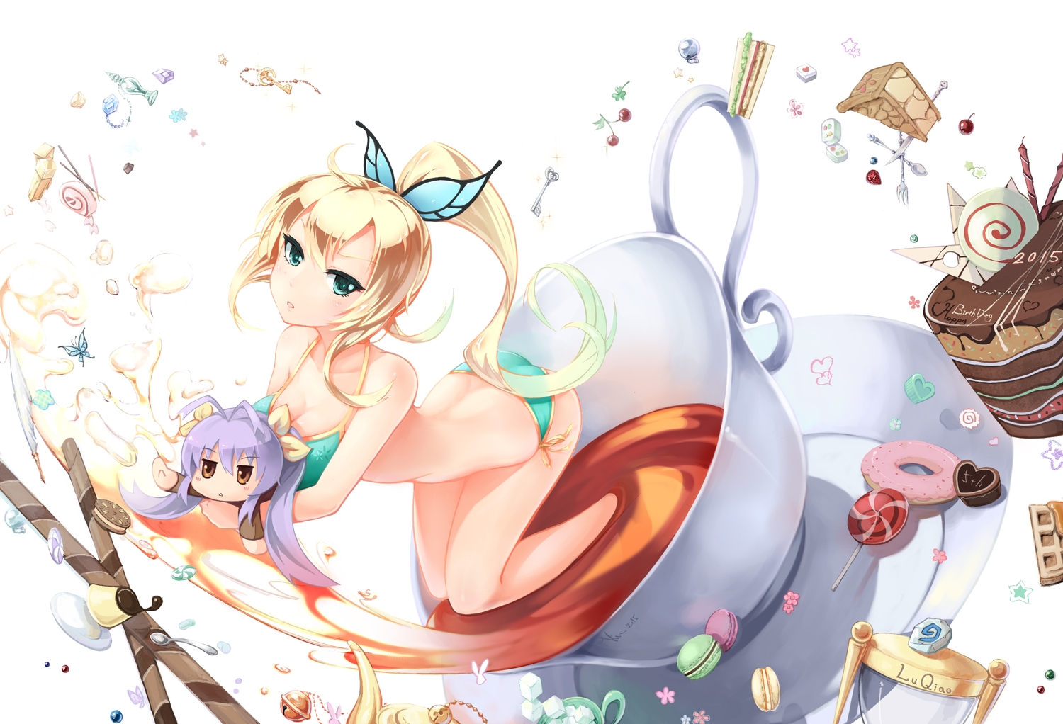 bikini, blonde_hair, boku_wa_tomodachi_ga_sukunai, breasts, butterfly, cake, candy, chibi, cleavage, crossover, drink, food, green_eyes, kashiwazaki_sena, lollipop, long_hair, miyauchi_renge, non_non_biyori, pa_pa_jin, swimsuit