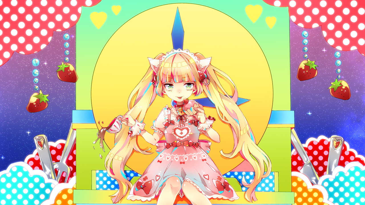 animal_ears, blonde_hair, bow, cake, catgirl, dress, food, fruit, headdress, lolita_fashion, long_hair, pipipiosuke, ribbons, strawberry, twintails, vocaloid, wristwear