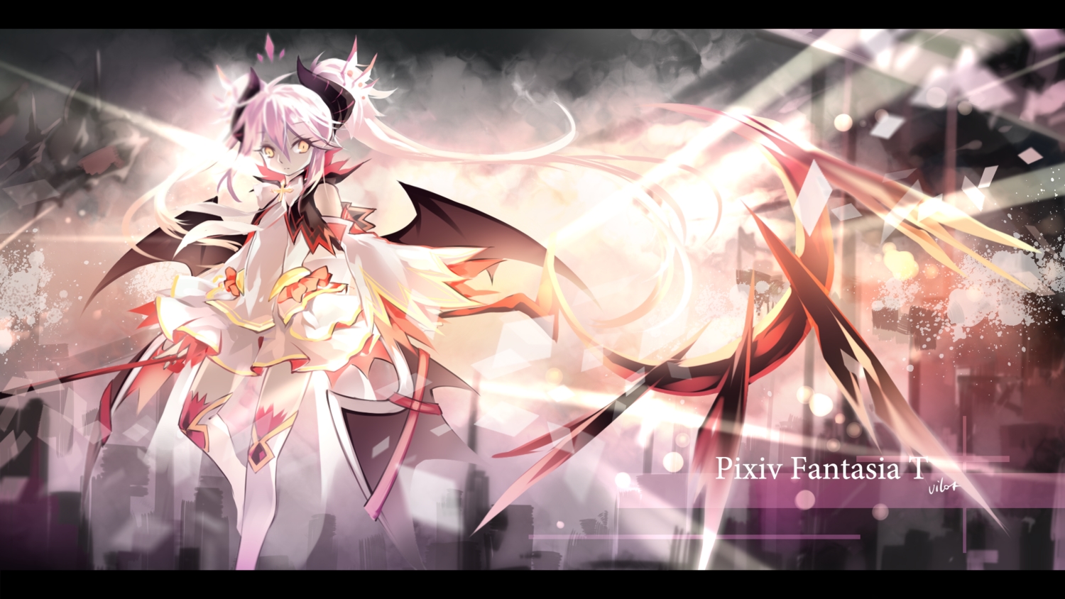 long_hair, original, pink_hair, pixiv_fantasia, scythe, skirt, vilor, weapon, wings