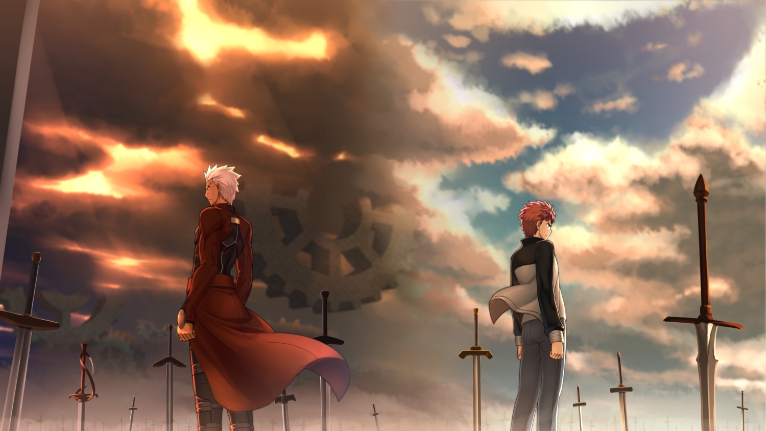 all_male, archer, cape, clouds, emiya_shirou, fate_(series), fate/stay_night, kotera_ryou