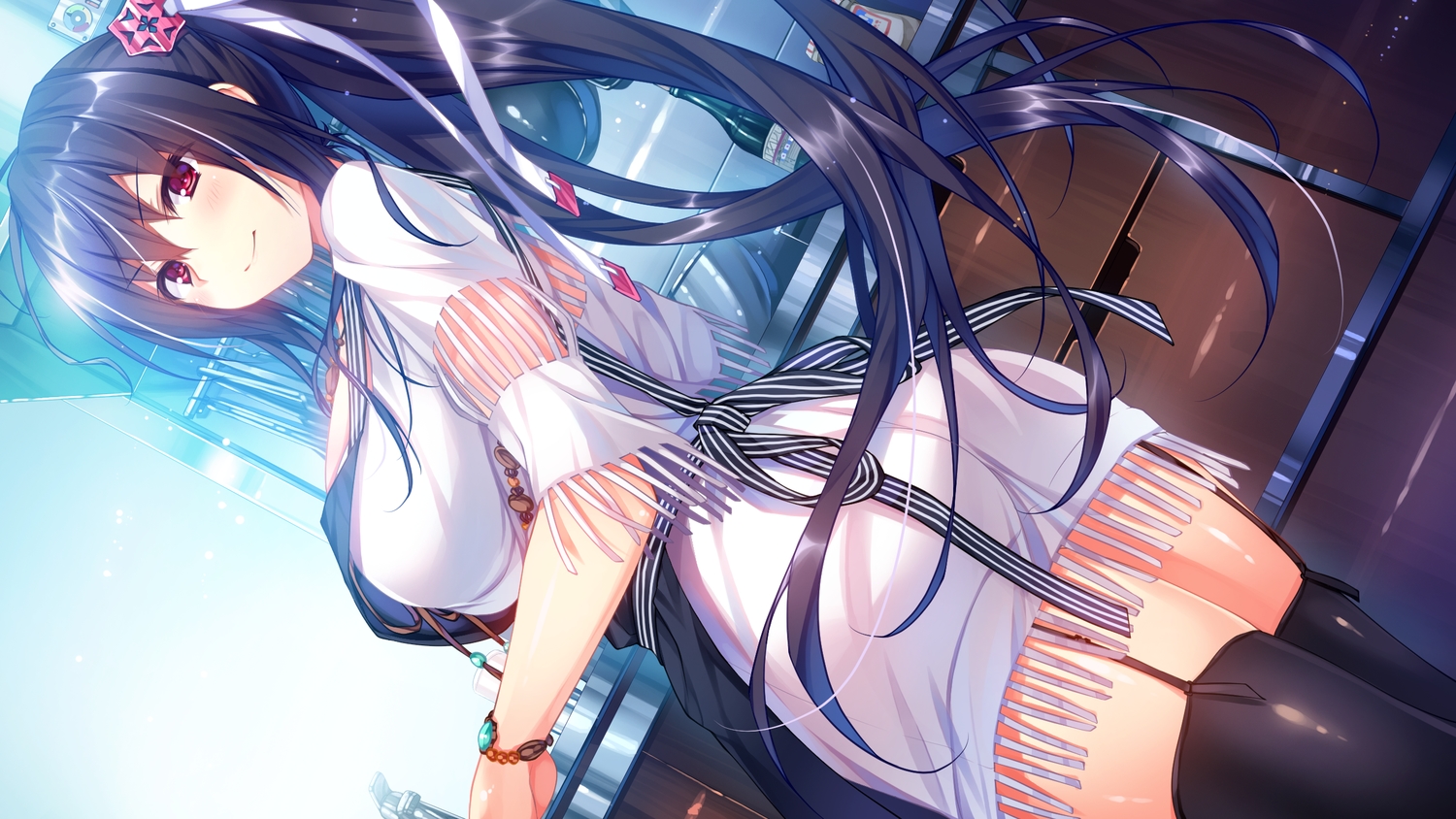 apron, black_hair, breasts, food, game_cg, giga, kamura_masaki, kino_(kino_konomi), long_hair, necklace, ponytail, red_eyes, shirogane_x_spirits!, thighhighs, wristwear