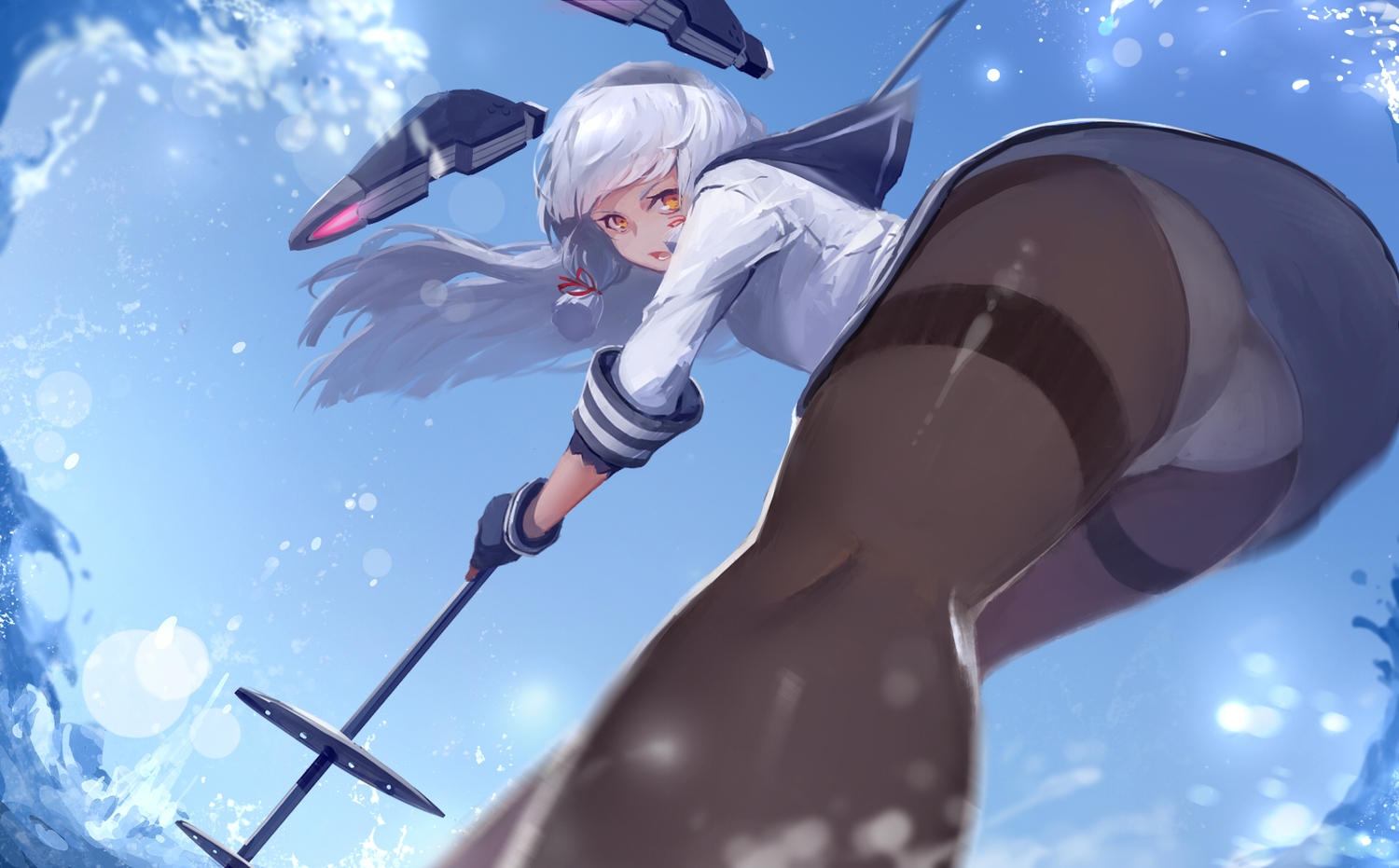 anthropomorphism, ass, gloves, gray_hair, kantai_collection, long_hair, murakumo_(kancolle), orange_eyes, pantyhose, school_uniform, skirt, sola7764, upskirt
