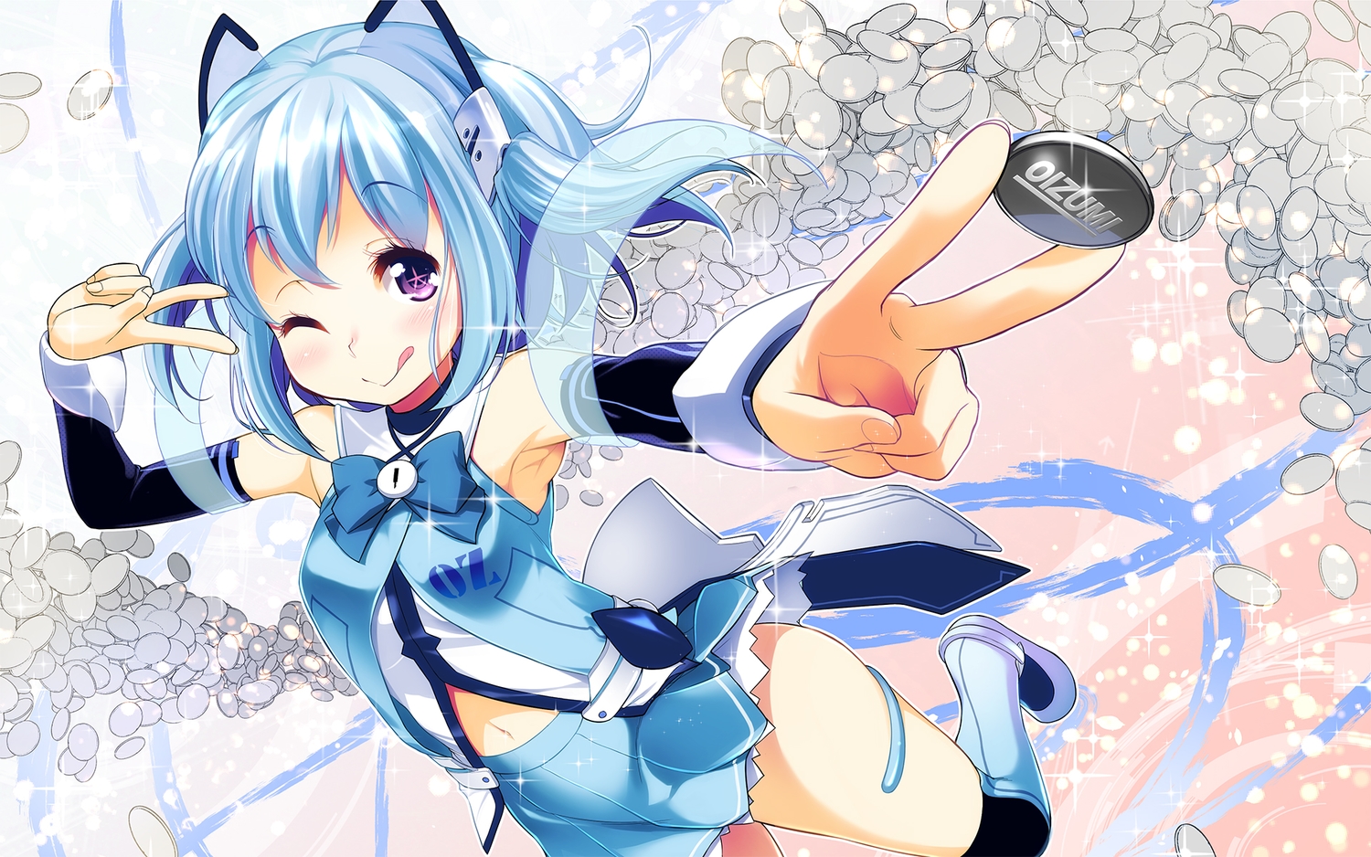 1000-chan, blue_hair, boots, oizumi, orimoto_mimana, purple_eyes, short_hair, skirt, wink
