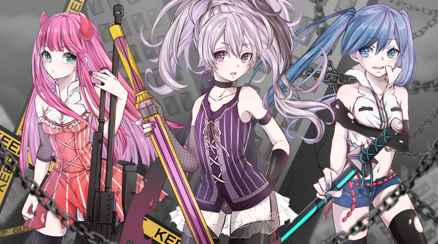 blue_eyes, blue_hair, chain, choker, dress, elbow_gloves, flower_(vocaloid), gloves, gray_hair, gun, hatsune_miku, horns, long_hair, megurine_luka, pink_hair, ponytail, purple_eyes, r@ito, shorts, sword, thighhighs, torn_clothes, twintails, vocaloid, weapon