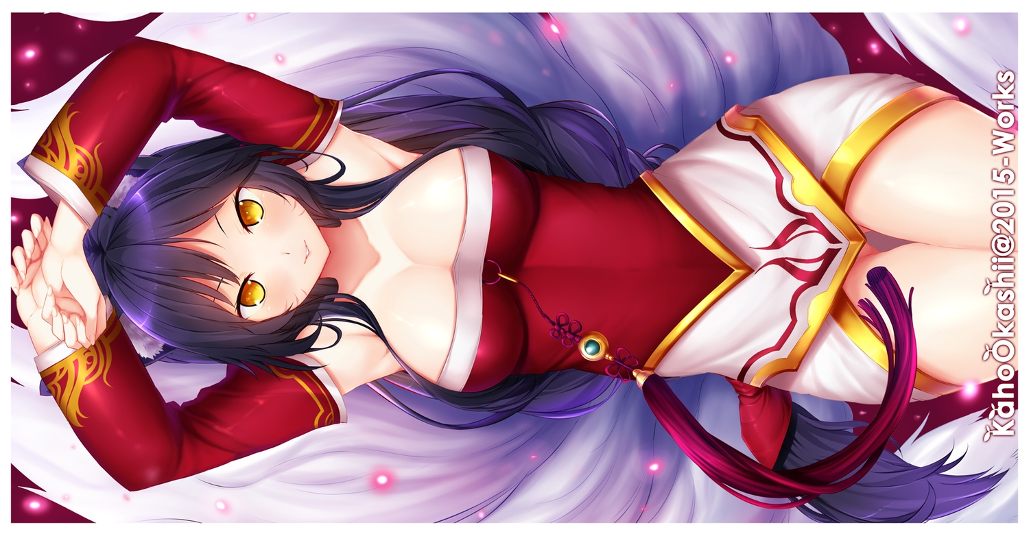 ahri_(league_of_legends), animal_ears, black_hair, breasts, cleavage, dress, foxgirl, kaho_okashii