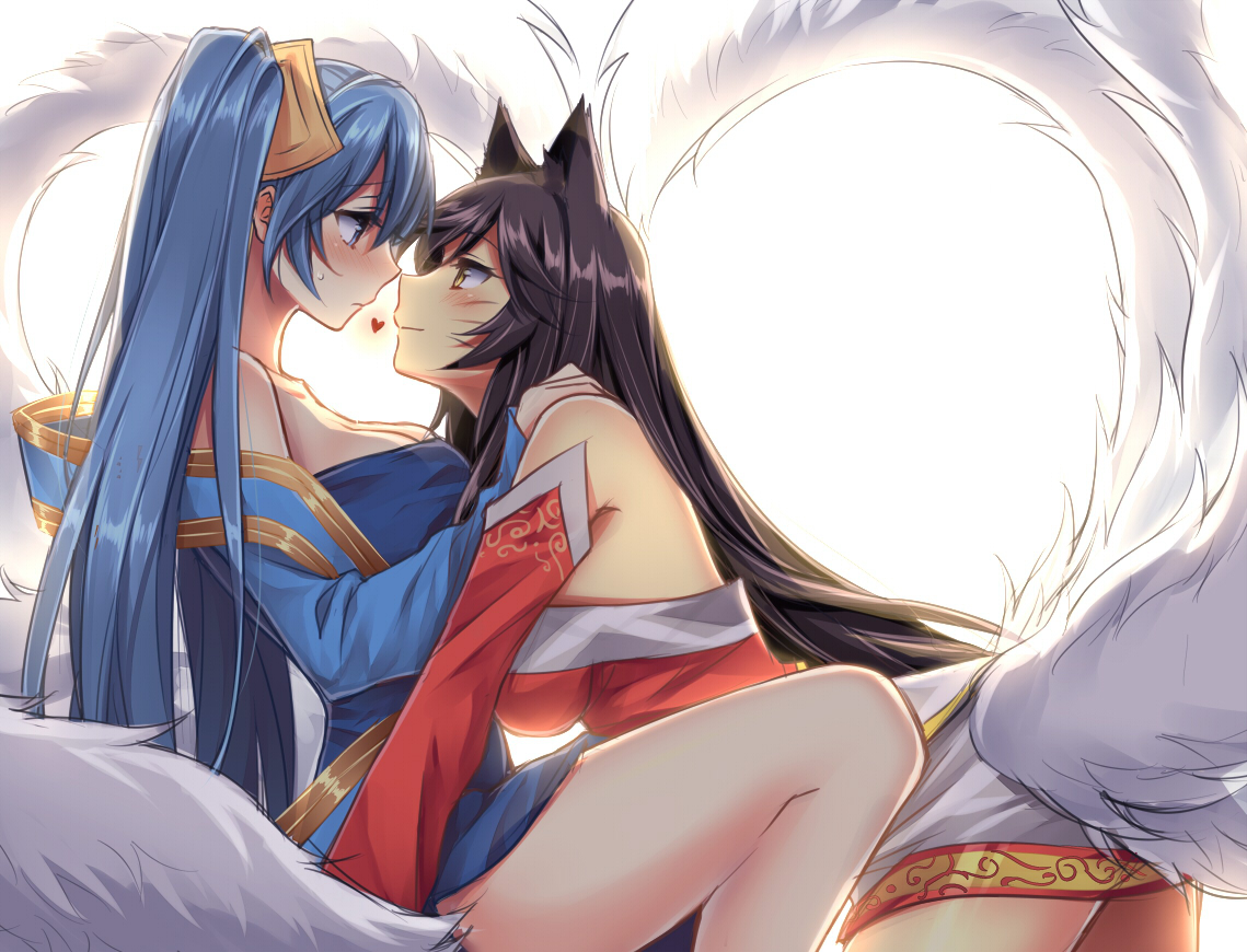 2girls, ahri_(league_of_legends), animal_ears, black_hair, blue_hair, blush, breasts, cleavage, foxgirl, heart, hug, league_of_legends, long_hair, multiple_tails, mylovelydevil, shoujo_ai, sona_buvelle, tail