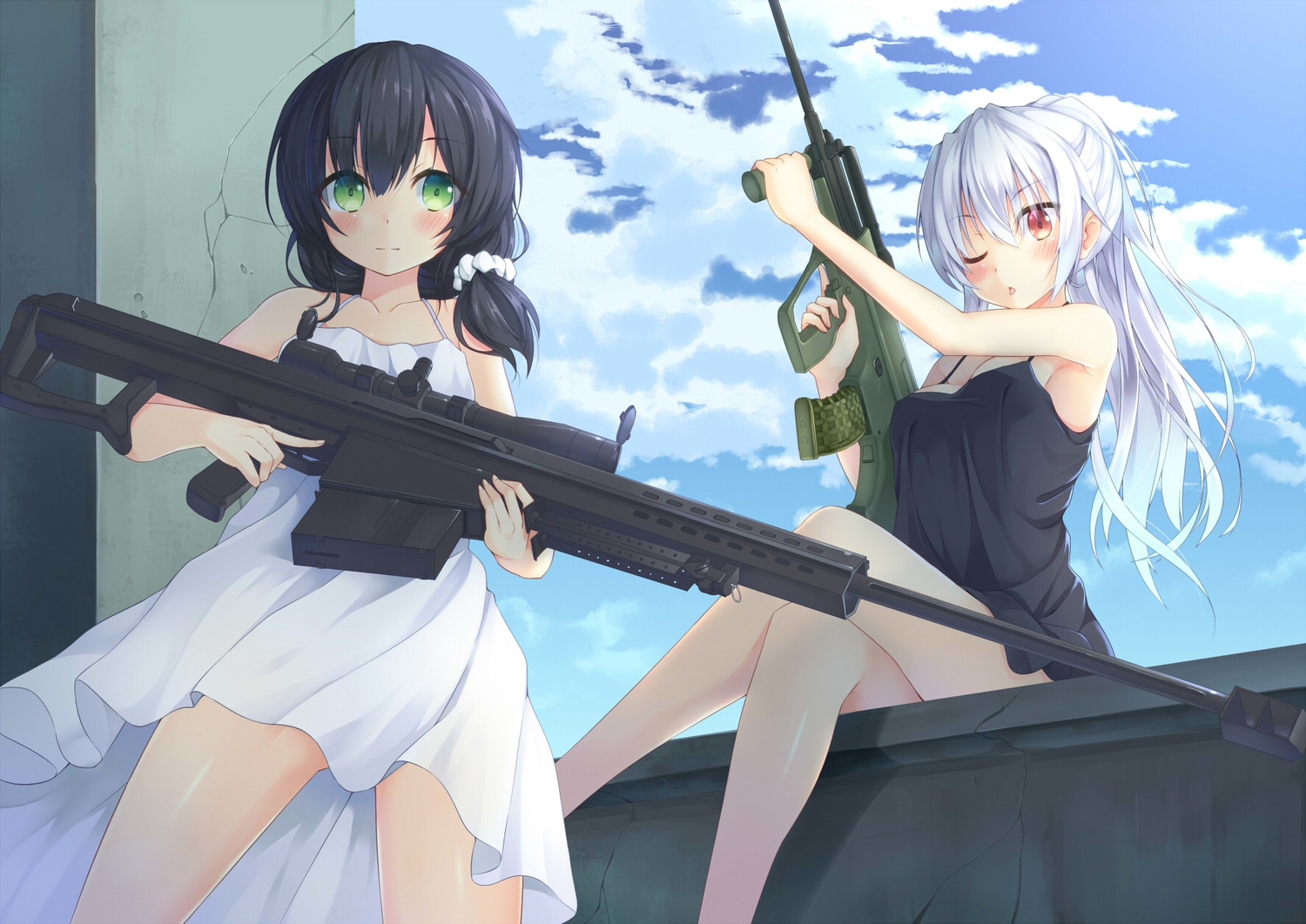 2girls, black_hair, blush, clouds, dress, east01_06, gun, long_hair, original, ponytail, summer_dress, weapon, white_hair, wink