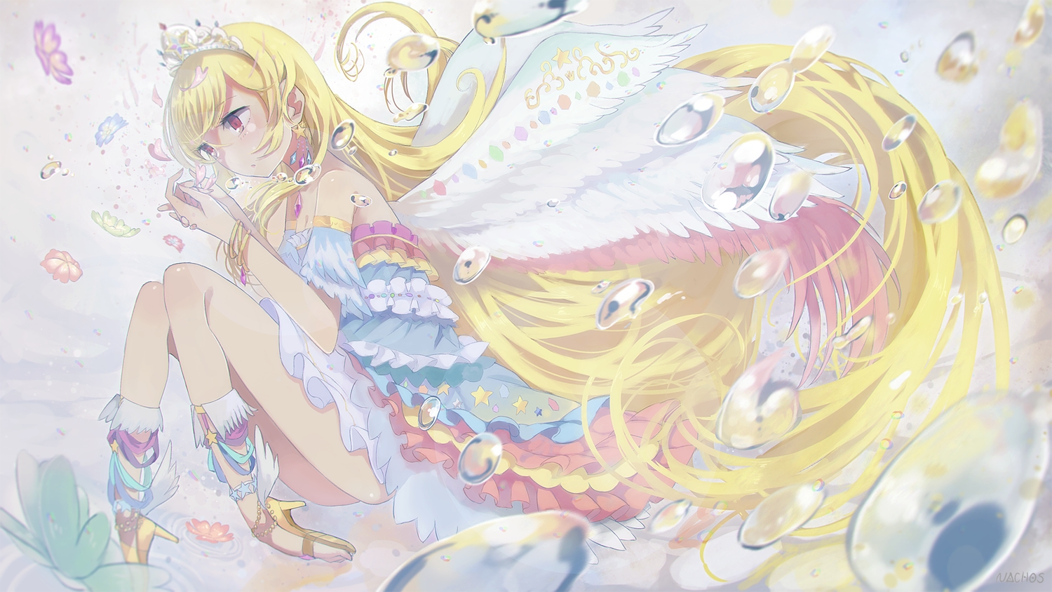aikatsu!, blonde_hair, bubbles, dress, hoshimiya_ichigo, long_hair, nasuno_chiyo, red_eyes