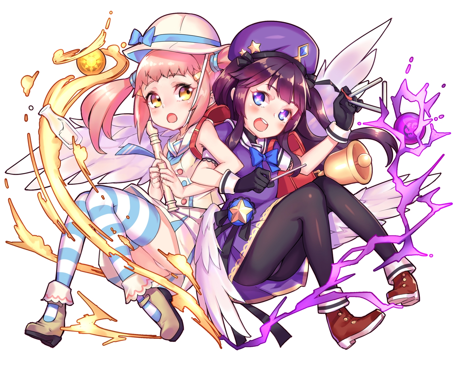2girls, black_hair, blue_eyes, bow, drink, hat, instrument, loli