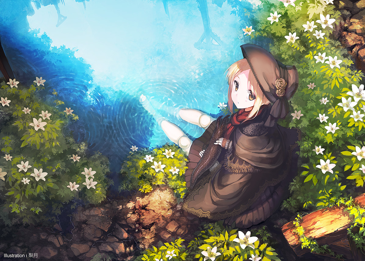 animal, barefoot, blonde_hair, bloodborne, doll, fish, flowers, goth-loli