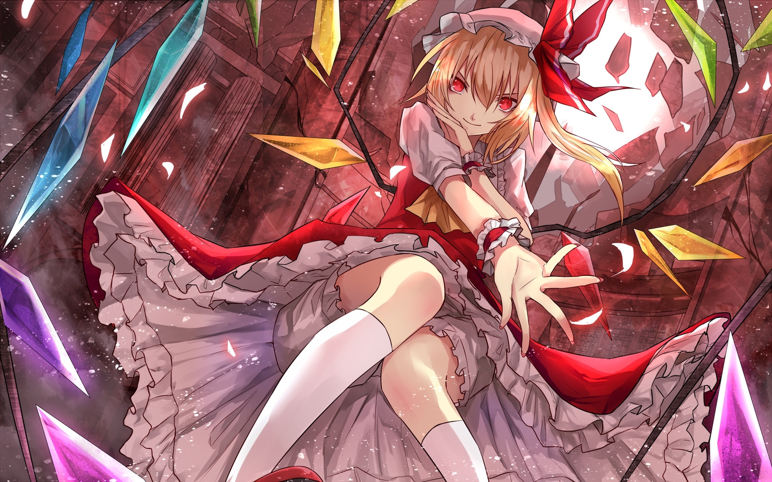 blonde_hair, bloomers, dress, eisuto, flandre_scarlet, hat, kneehighs, red_eyes, touhou, vampire, wings