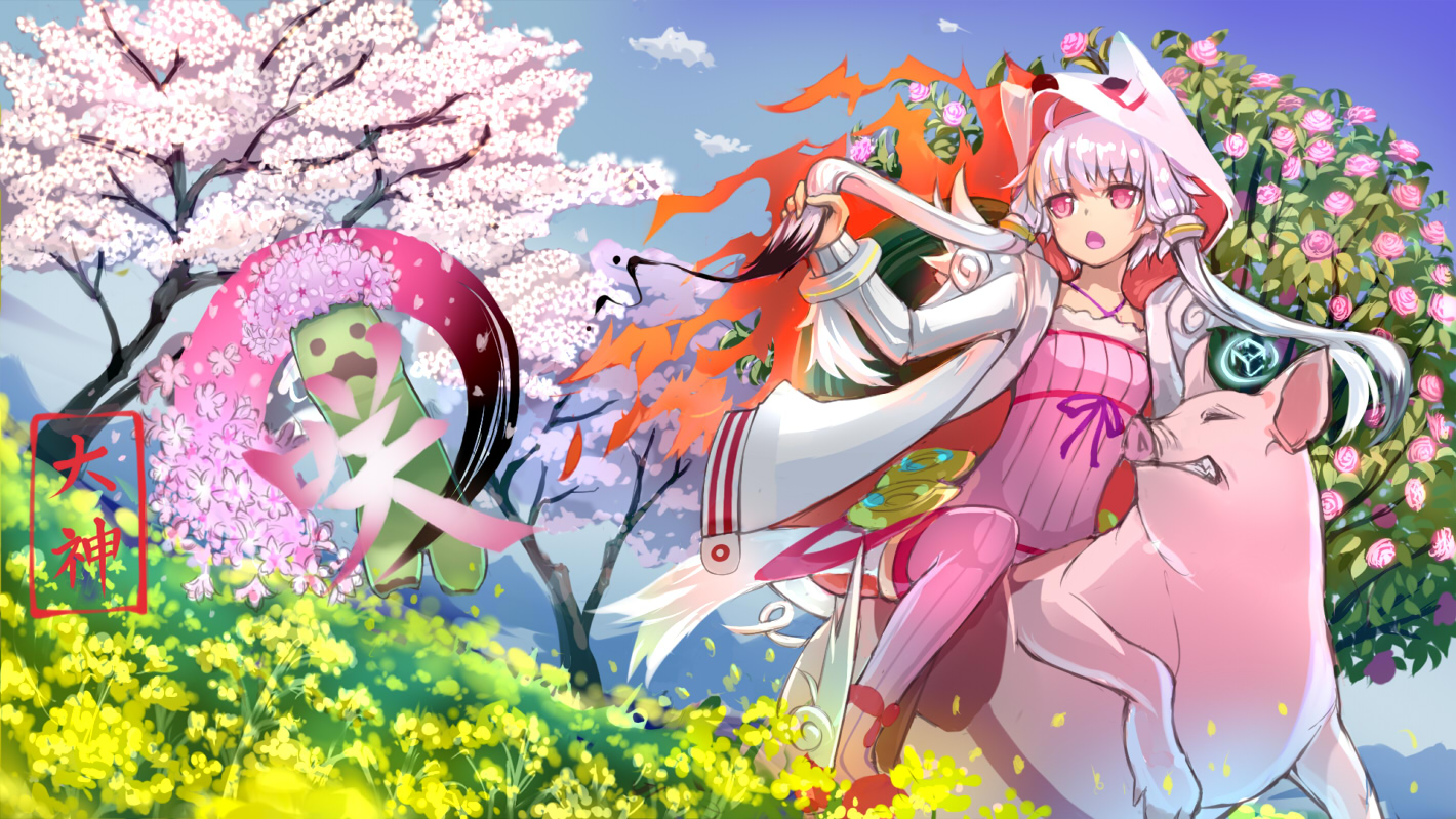 animal, cape, cherry_blossoms, creeper, crossover, flowers, grass, hood, long_hair, minecraft, okami, pink_eyes, purple_hair, rose, tree, twintails, vocaloid, voiceroid, watermark, yuzuki_yukari