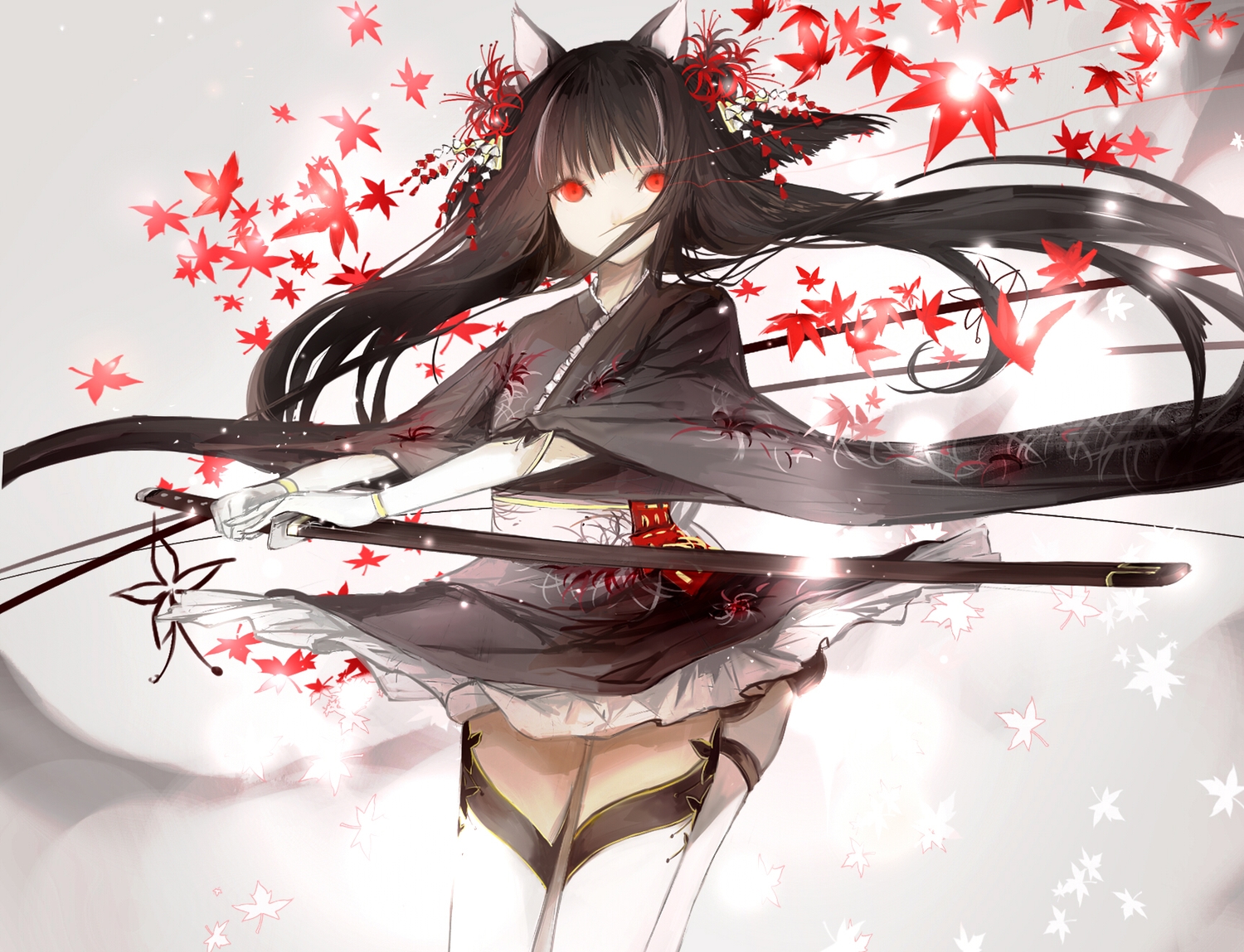 animal_ears, black_hair, gloves, japanese_clothes, katana, leaves, long_hair, red_eyes, sa'yuki, sword, thighhighs, weapon, wristwear