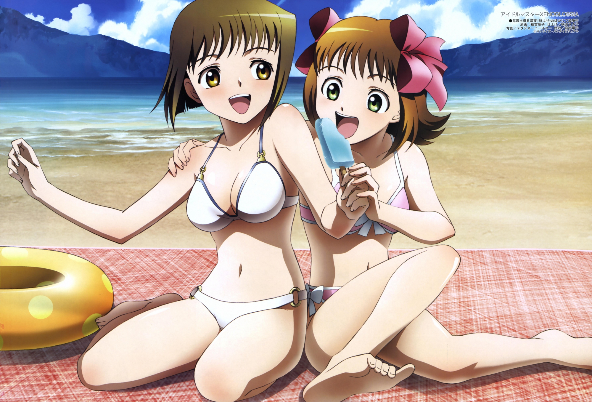 2girls, amami_haruka, beach, bikini, green_eyes, hagiwara_yukiho, idolmaster, idolmaster_xenoglossia