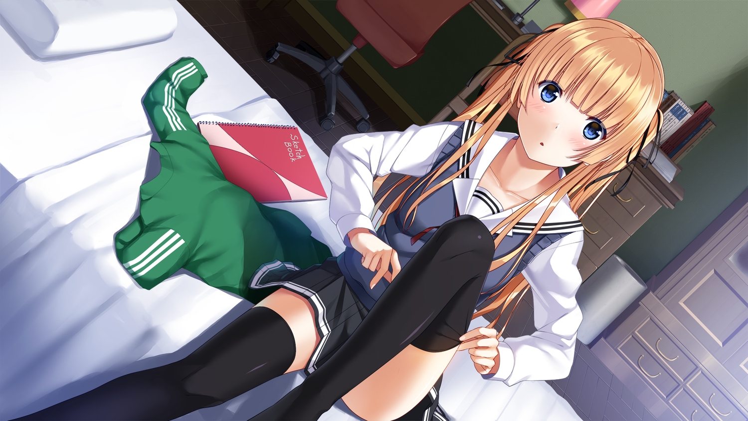 ashizuki, bed, blonde_hair, blue_eyes, book, long_hair, ribbons, saenai_heroine_no_sodatekata, sawamura_spencer_eriri, school_uniform, skirt, thighhighs