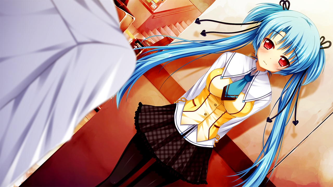asa_project, blue_hair, blush, game_cg, hitotsu_tobashi_ren'ai, long_hair, pantyhose, red_eyes, school_uniform, skirt, sonohara_aori, tagme_(artist), twintails